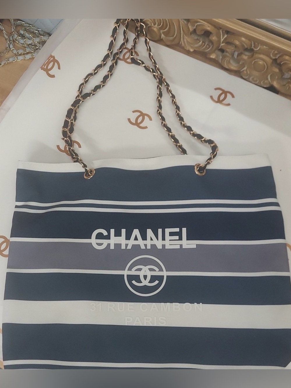 totes Navy, White & Gray Striped Chain-Handle Tote
